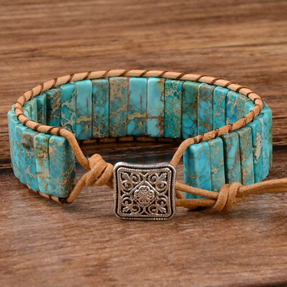 Natural Boho Leather & Tibetan Beaded Adjustable Bracelet Green