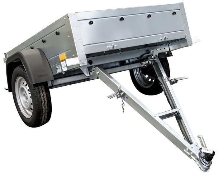 Remorque haute avec bâche 150×106 grise, arceau, rehausses de ridelles et roue jockey, capacité 750 kg