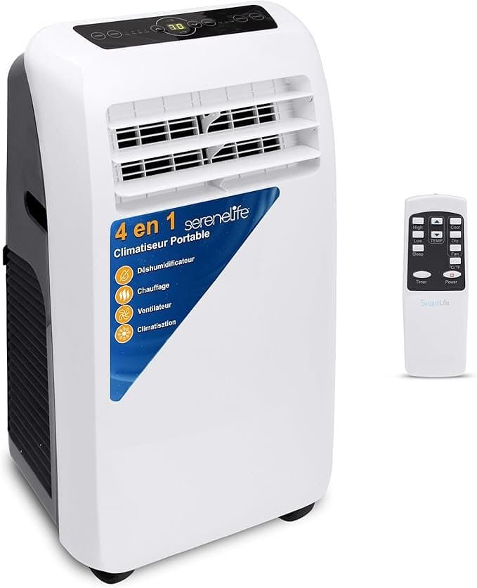 SereneLife Climatiseur Mobile 9000 BTU avec Chauffage – Climatiseur Réversible Portable 4 en 1, jusqu’à 41 m², Déshumidificateur, Ventilateur, Télécom