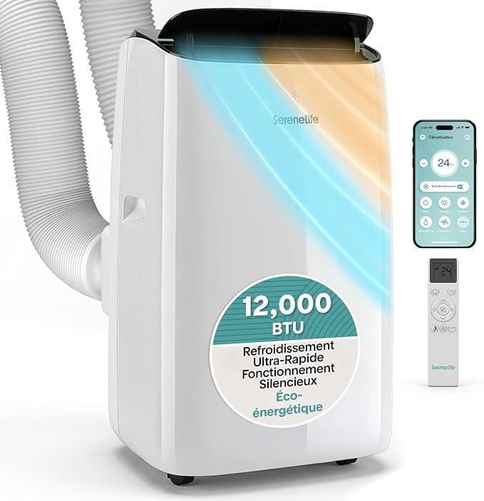 SereneLife Climatiseur Mobile Inverter A+++ 12000 BTU Double Tuyau – 4 en 1 Refroidissement Chauffage Déshumidification Ventilation, Auto-Swing, WiFi,