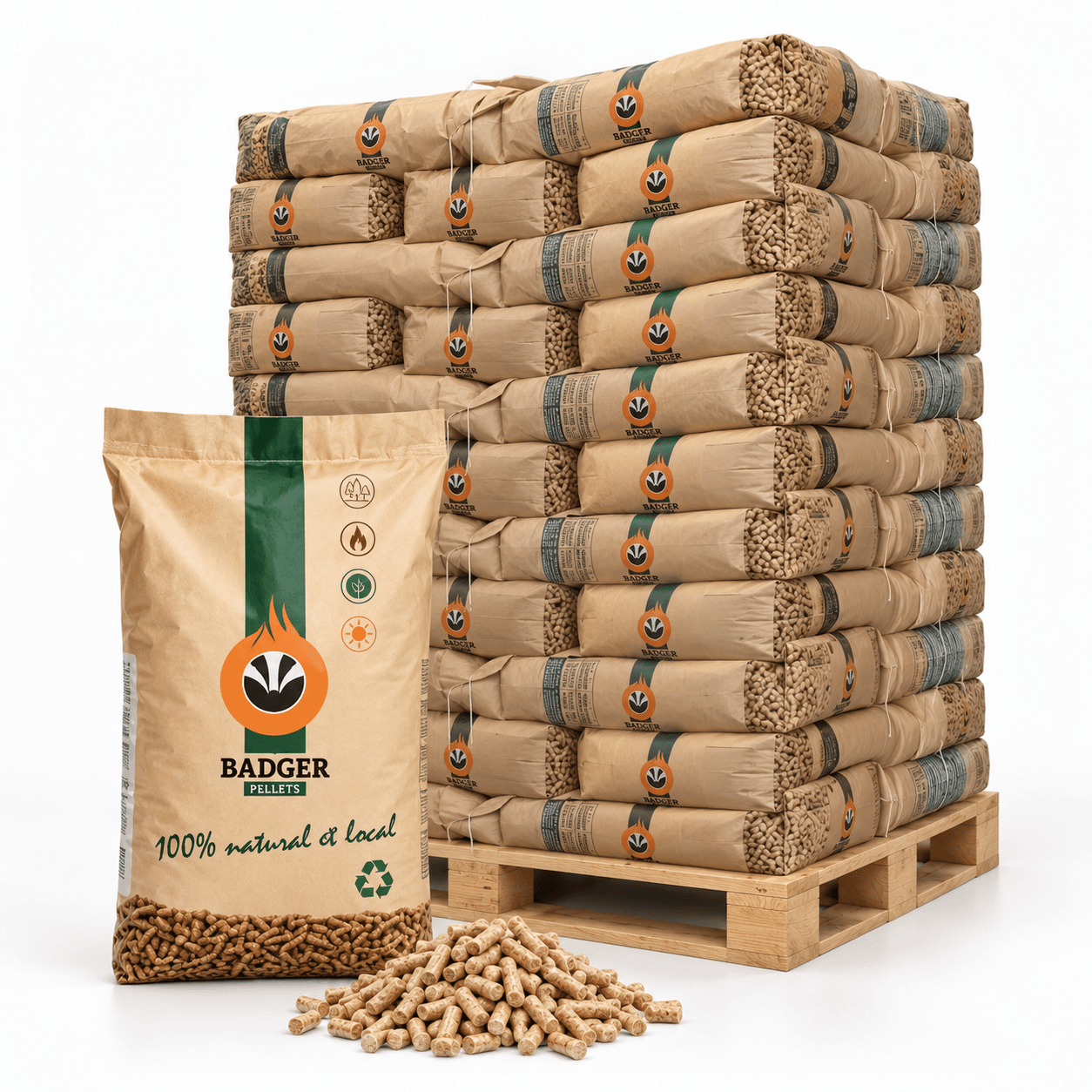 Badger Holzpellets – 65 × 15 kg Palette – 100 % Nadelholz, ENplus A1 & DINplus