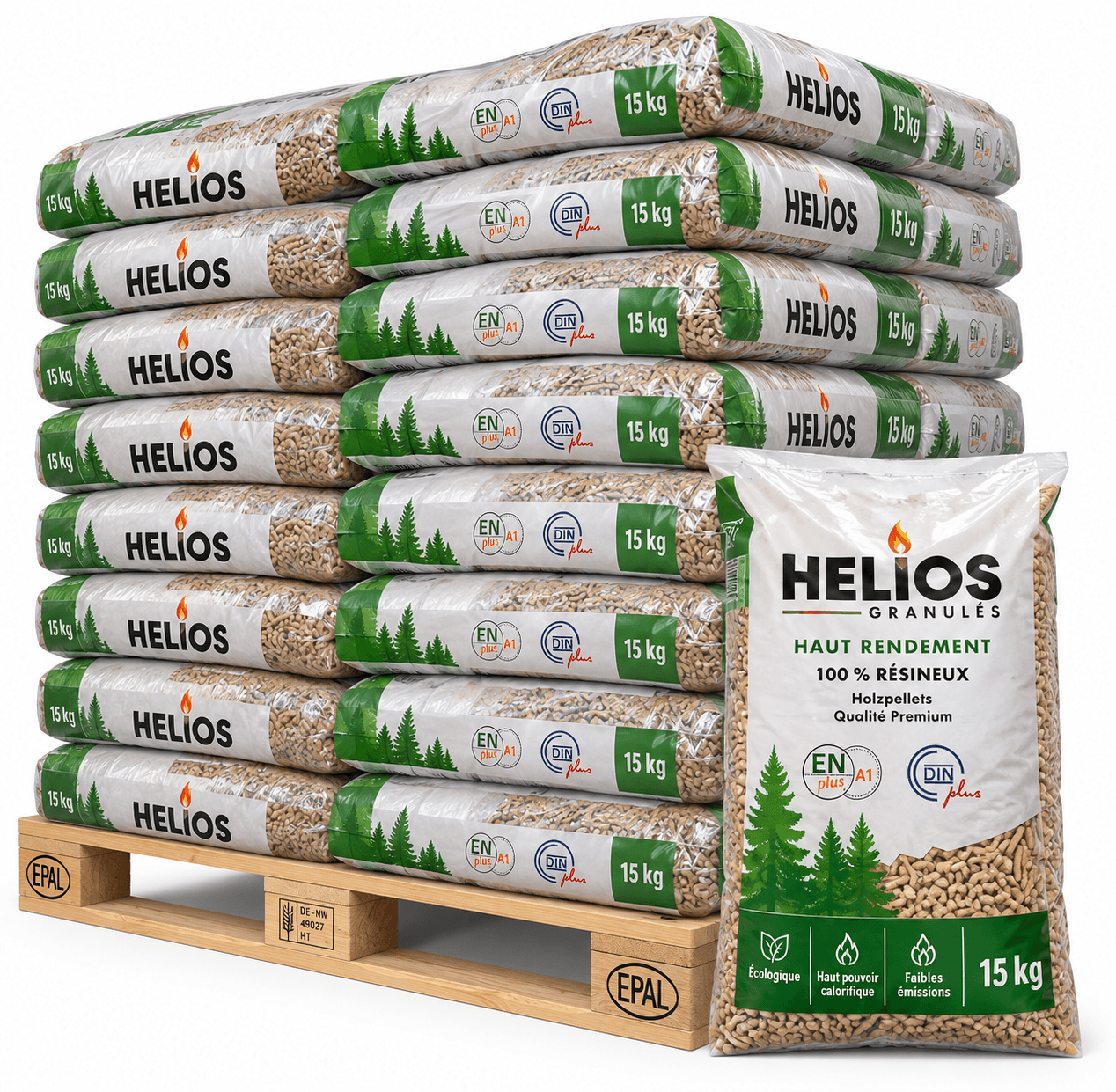 HELIOS Holzpellets – 65 × 15 kg Palette (975 kg) – 100 % Nadelholz, staubarm