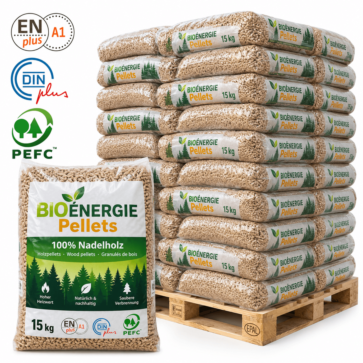 Bio Energie Holzpellets – 66 × 15 kg Palette – 100 % Nadelholz, ENplus A1 & DINplus & PEFC