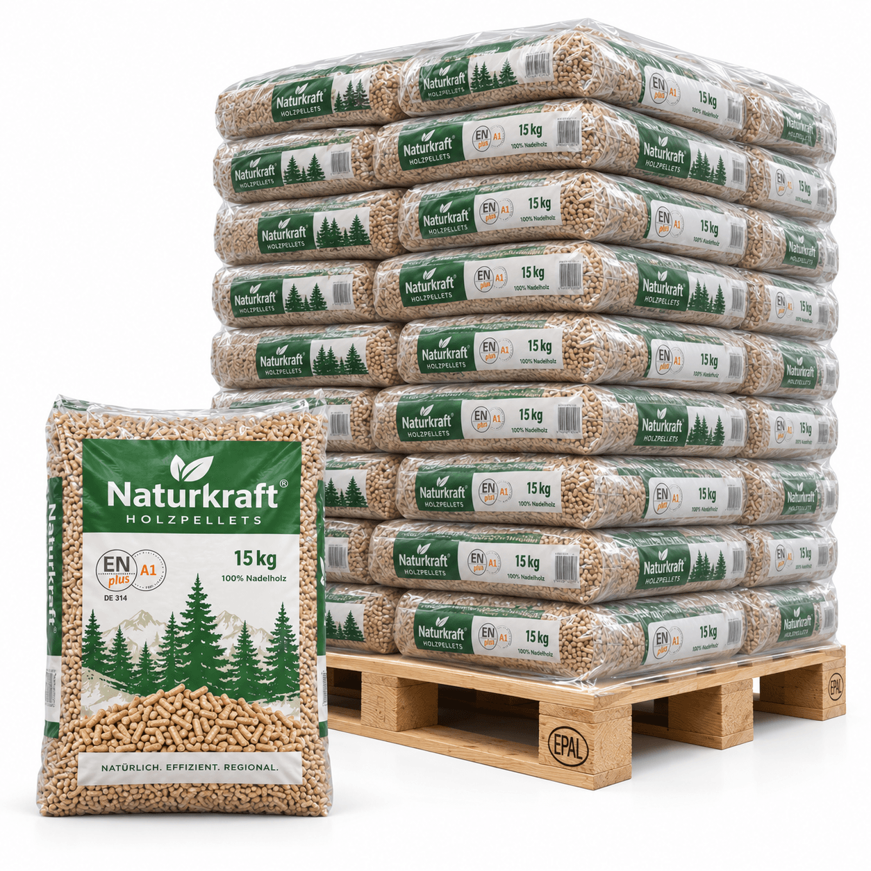 Naturkraft Holzpellets – 66 × 15 kg Palette (990 kg) – 100 % Nadelholz, ENplus A1 & DINplus