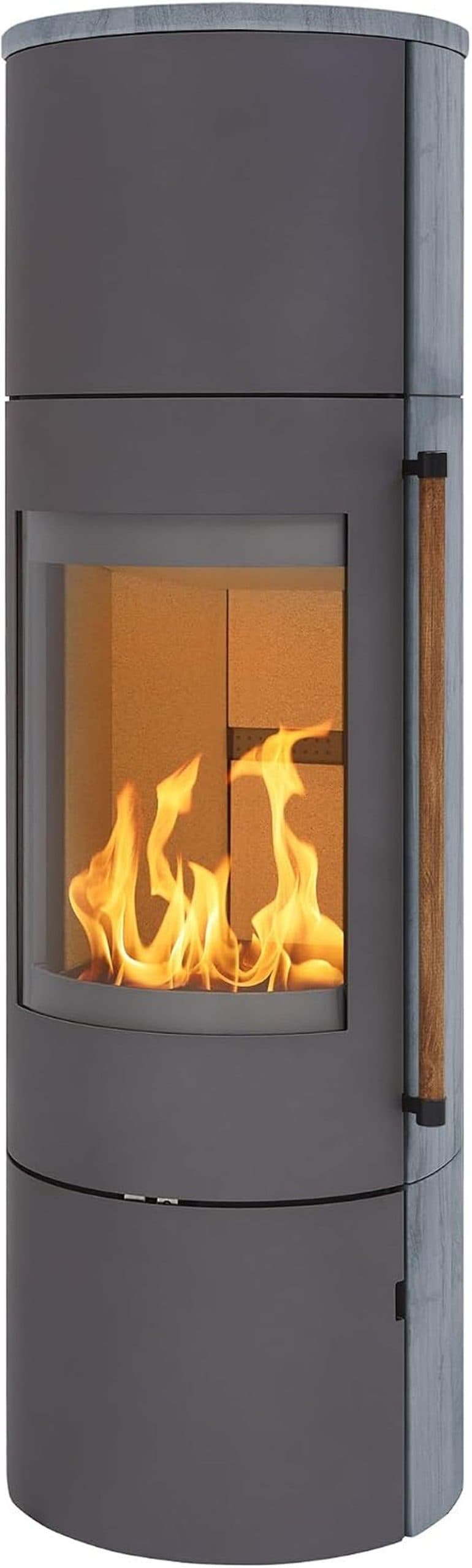 H&M Germany EVO 2.1 XL Kaminofen – 7 kW – Moderner Rundkamin mit Naturstein-Verkleidung – Titanium-Design – Integriertes Holzfach – Energieeffizienzkl