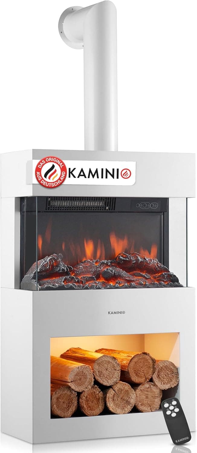 KAMINIO Henri Elektrokamin mit Kaminrohr – 1800W – 3D-Flammeneffekt & Fernbedienung – Stilvolle Heizlösung für Wohn- & Schlafzimmer – In Schwarz & Wei
