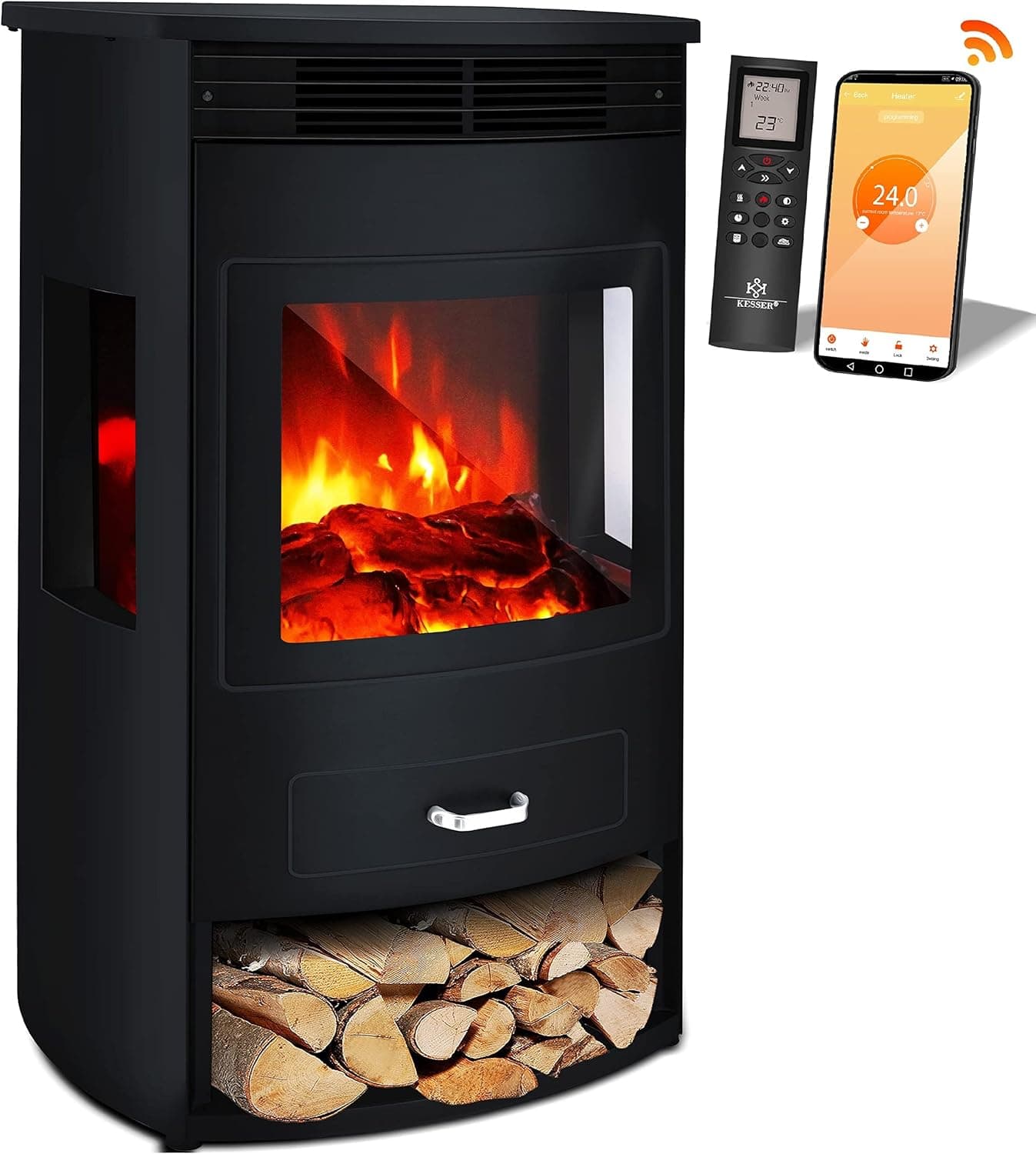 KESSER® Prio Panorama-Elektrokamin – 1900W – Mit WiFi, Fernbedienung & Thermostat – Realistisches Flammeneffekt-Design – Erhältlich in verschiedenen G