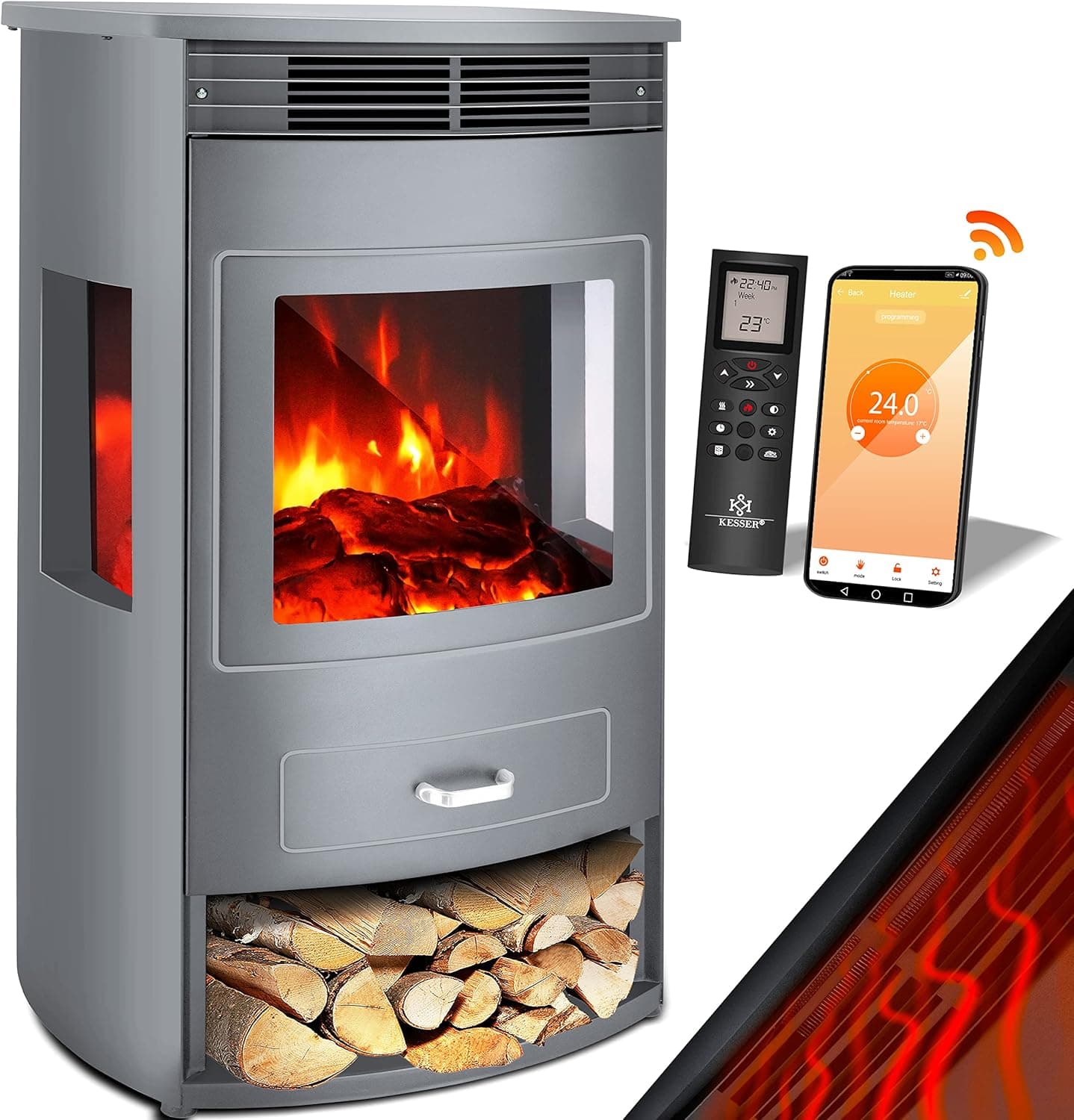 KESSER® Prio Panorama-Elektrokamin – 1900W – Mit WiFi, Fernbedienung & Thermostat – Realistisches Flammeneffekt-Design – Erhältlich in verschiedenen G