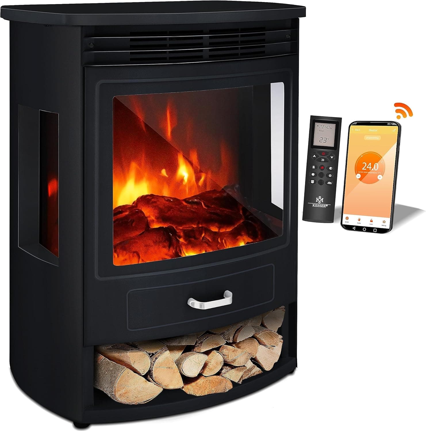 KESSER® Prio Panorama-Elektrokamin – 1900W – Mit WiFi, Fernbedienung & Thermostat – Realistisches Flammeneffekt-Design – Erhältlich in verschiedenen G