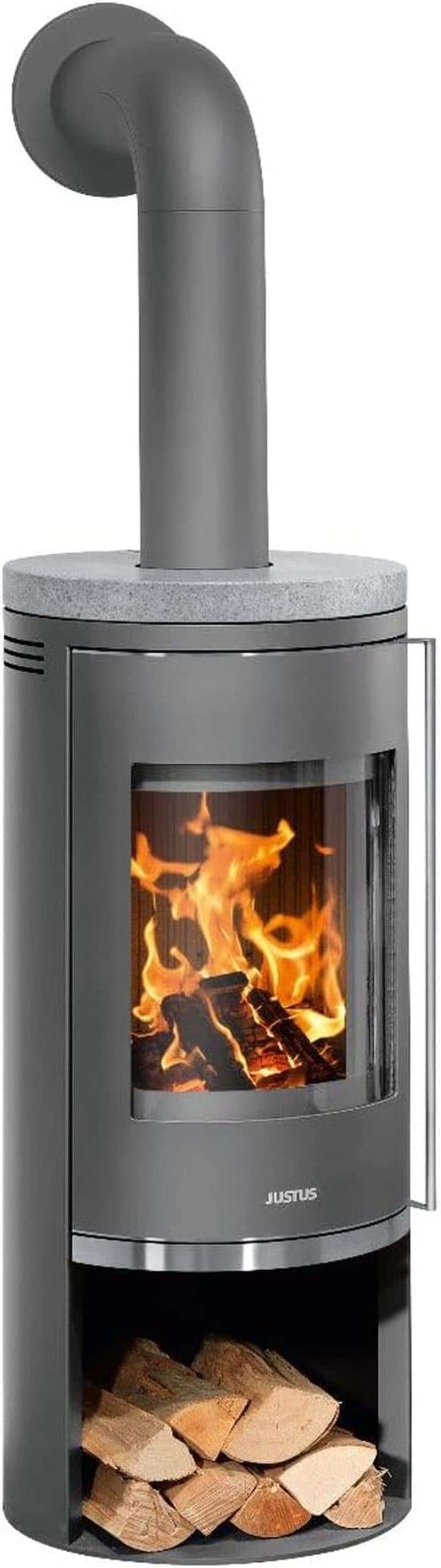 Justus Faro 2.0 Kaminofen – 6 kW – Eleganter Rundofen mit Speckstein-Akzenten – 24h Dauerbetrieb – Integriertes Holzfach – Für Räume bis 124 m³ – Zert