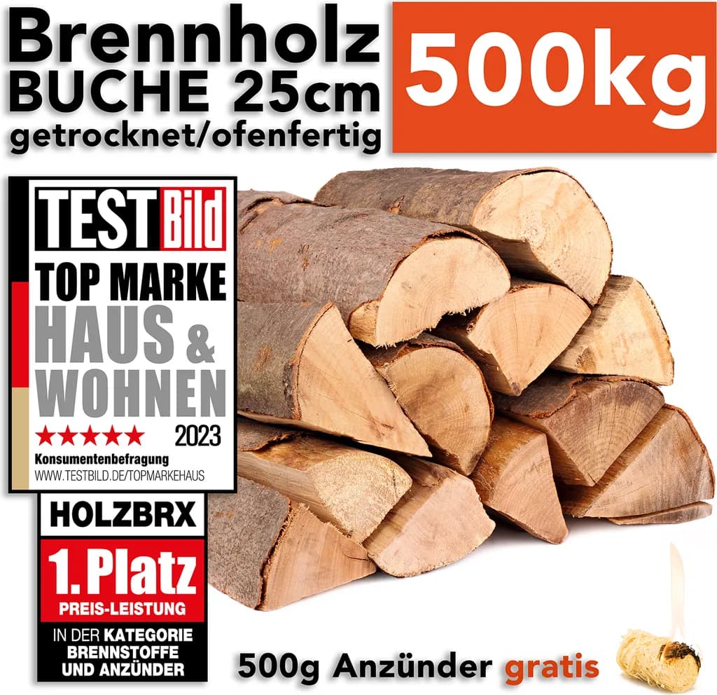 holzbrx Brennholz Buche 500kg 25cm ofenfertig kammergetrocknet auf Palette