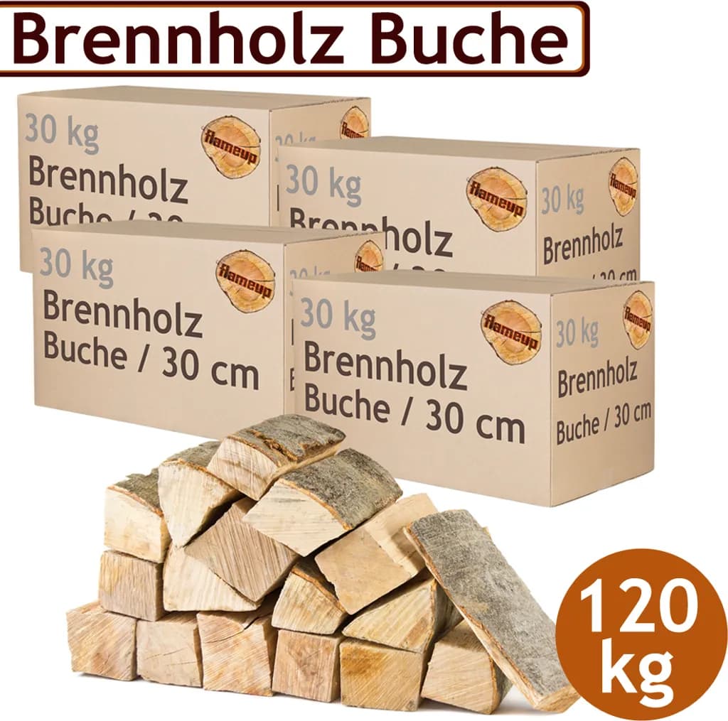 Flameup Brennholz Buche, ofenfertig, luftkammergetrocknet, unter 18% Restfeuchte, 30 cm Scheite, 120 kg, für Ofen, Kamin, Feuerschale und Grill, regio