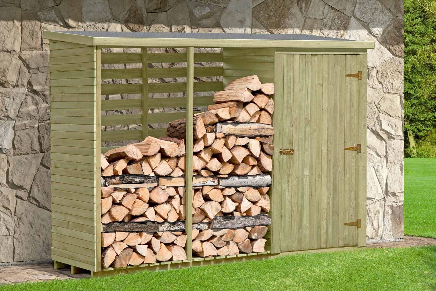 Kaminholzunterstand 06 mit Rückwand und Geräteschrank, Farbe: Grün - aus Kiefernholz - Abmessungen: 280 x 95 x 195 cm (L x B x H)
