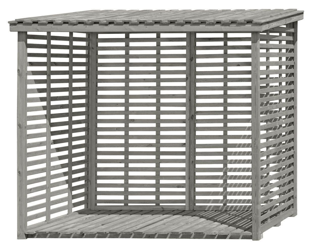 Kaminholzunterstand 02 mit Rückwand, Farbe: Grau - aus Kiefernholz - Abmessungen: 237 x 114 x 203 cm (L x B x H)
