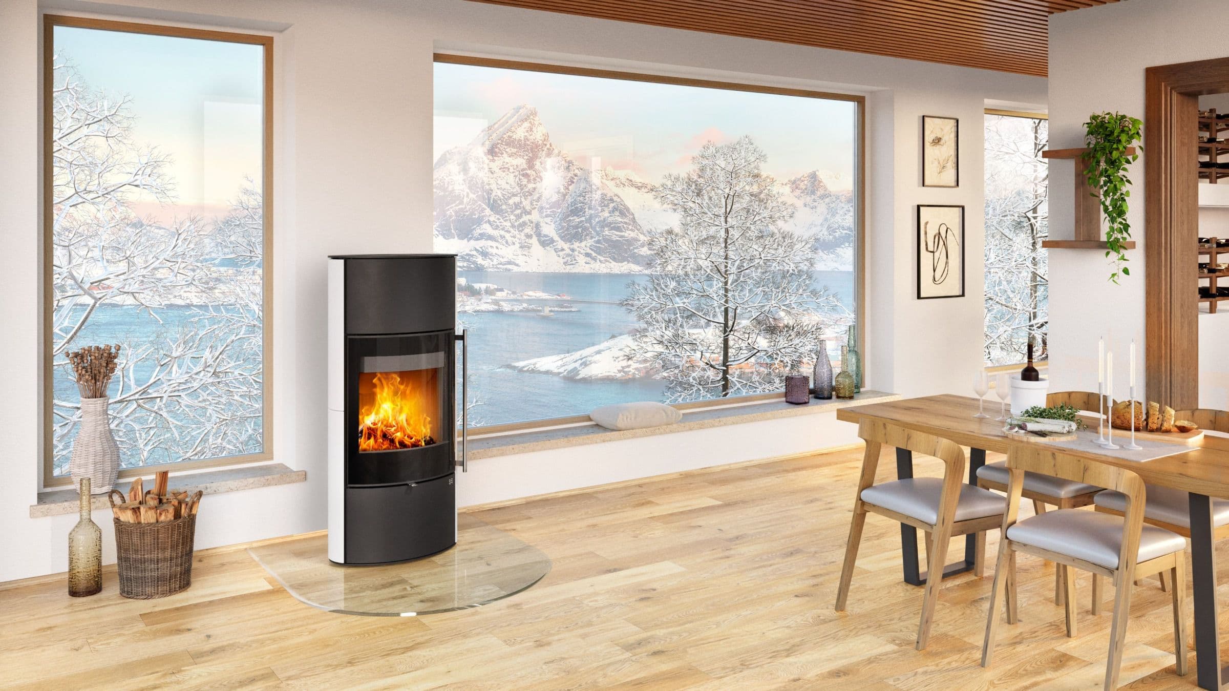 Kaminofen HEIDAL H 10 | Außengehäuse aus Keramik | Holzkamin | aus Stahl | Edelstahlgriff| Farbe: Weiß-Schwarz | 6,3 kW