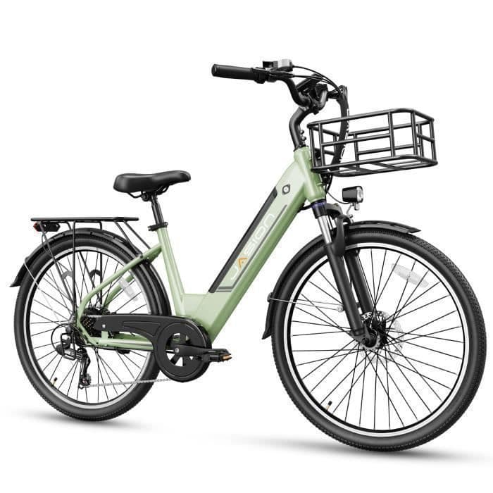 JASION Vélo électrique 26″ Vert,Batterie 48V 11Ah, écran LCD,7 Vitesses, E-Bike Urbain pour Adulte Homme Femme, Panier avant - S