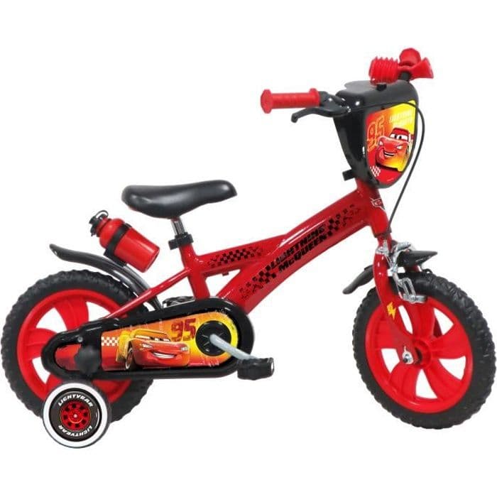 Vélo enfant 12 » CARS / DISNEY avec 1 frein – plaque avant, bidon et porte bidon + 2 stabilisateur amovibles. - S