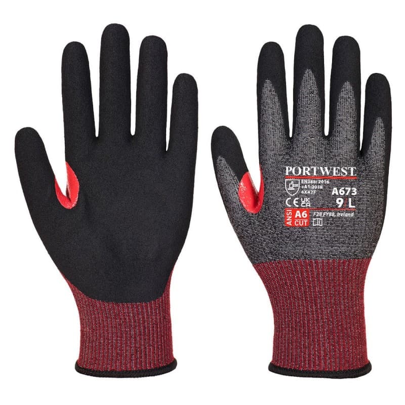 Portwest - Gants anti-coupures CT de niveau F jauge 13 en mousse de nitrile avec renfort pouce - 9 - Noir