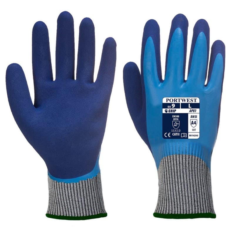 Portwest - Gants manutention contre les liquides en enduit latex et anti-coupures de niveau D jauge 13 Liquid Pro HR - 9 - Bleu