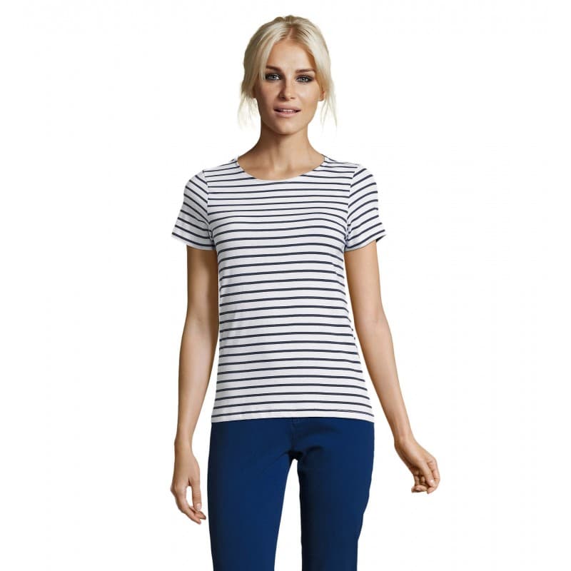 Sol's - Tee-shirt femme col rond rayé MILES WOMEN - XS - Blanc / Bleu Marine