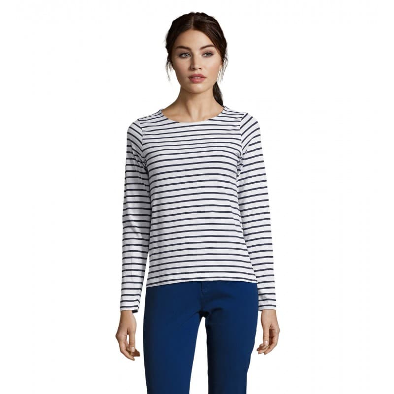 Sol's - Tee-shirt femme manches longues rayé MARINE WOMEN - XS - Blanc / Bleu Marine