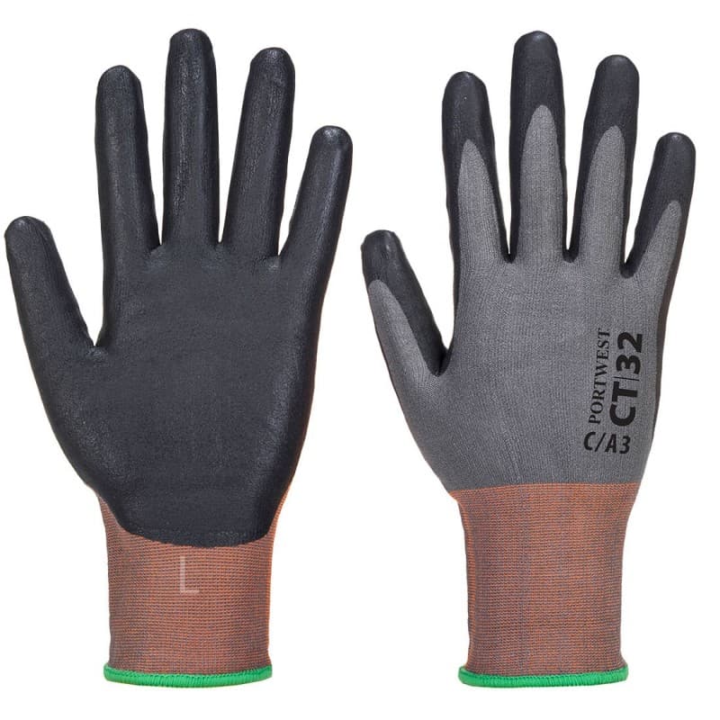 Portwest - Gants anti-coupures niveau C jauge 18 avec renfort pouce et index en mousse nitrile - 9 - Gris / Noir