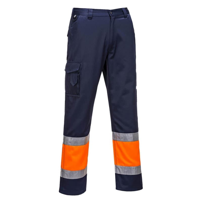Portwest - Pantalon de travail poly-coton anti-taches bicolore haute visibilité classe 1 - L - Orange / Bleu Marine