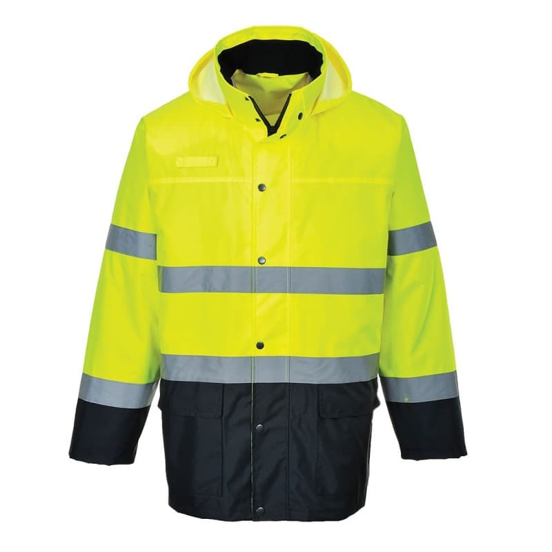 Portwest - Veste de pluie bicolore imperméable avec capuche détachable haute visibilité classe 3 - L - Jaune / Bleu Marine
