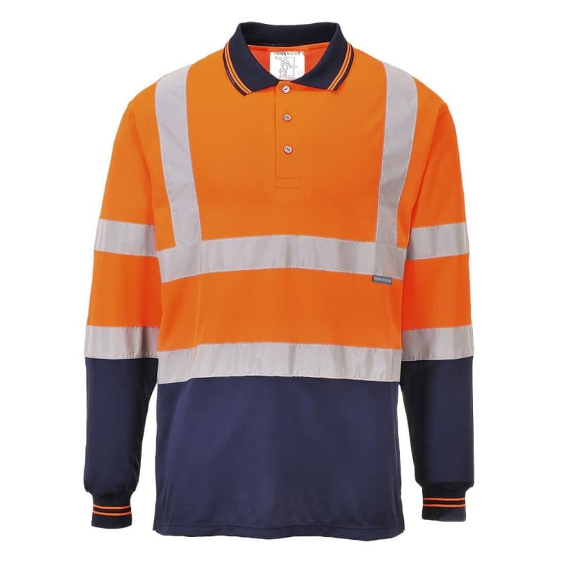 Portwest - Polo manches longues bicolore en maille nid d'abeilles haute visibilité classe 2 - L - Orange / Bleu Marine