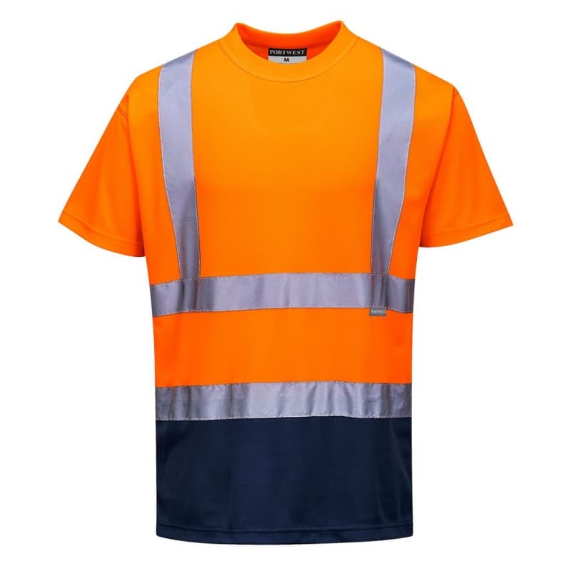 Portwest - Tee-shirt manches courtes bicolore maille nid d'abeilles haute visibilité classe 2 - L - Orange / Bleu Marine