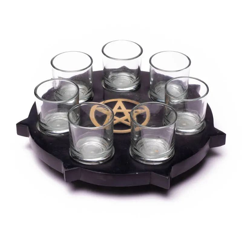 Bougeoir en pierre à savon noir Pentacle+coupelles — 25 cm
