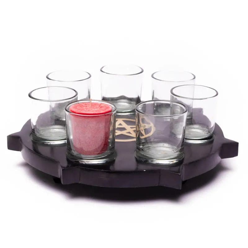 Bougeoir en pierre Ollaire Pentacle + bougies 7 chakra + coupelles — 25 cm
