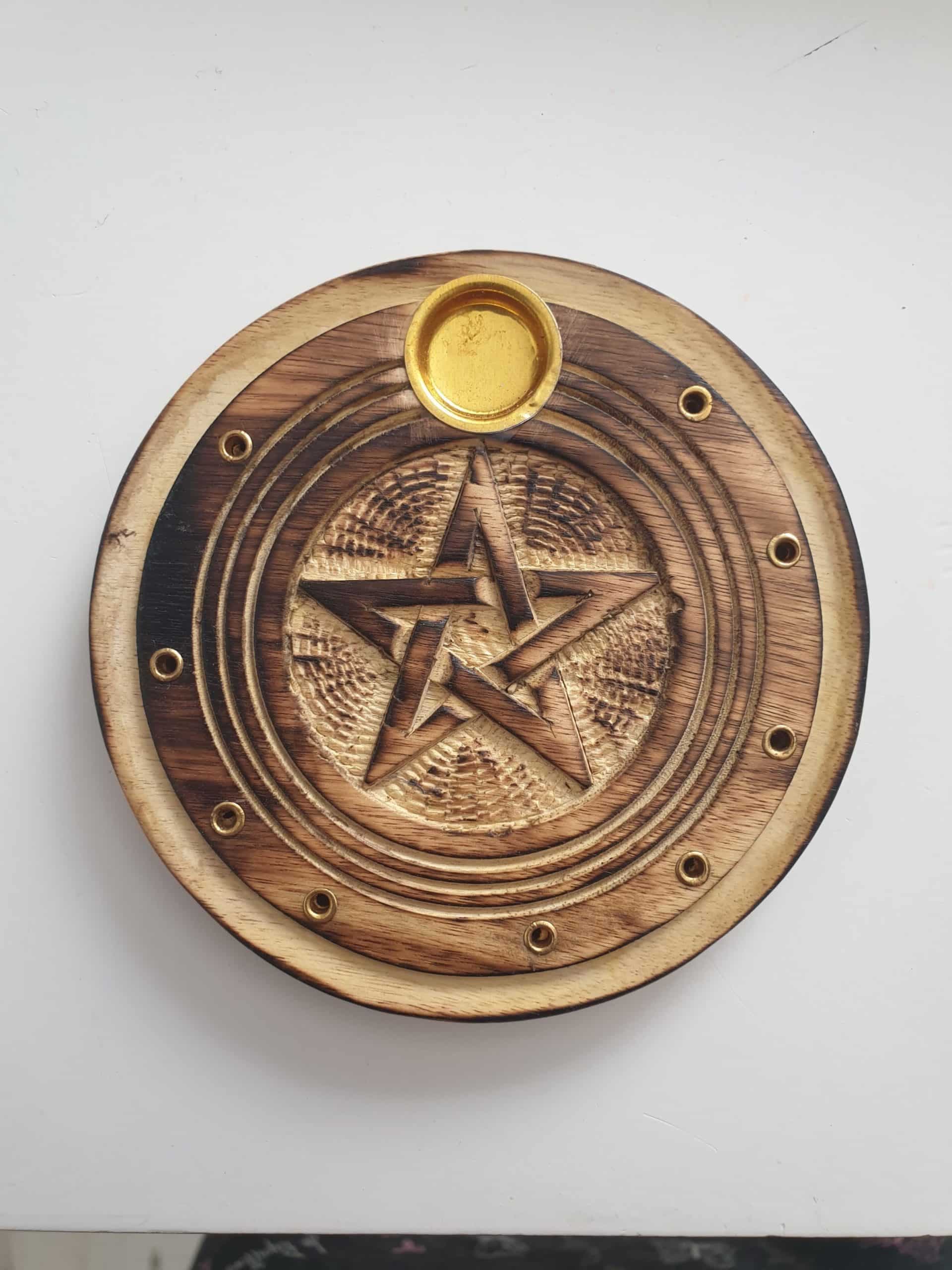 Porte Encens rond Bois sculpté Pentagramme