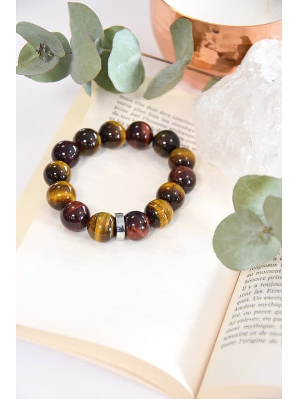 Bracelet Œil de Tigre de Taureau et de Faucon Perles rondes 14 mm