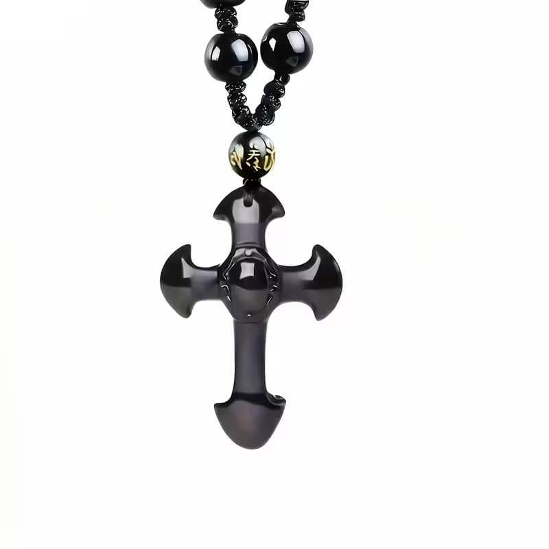 Collier Pendentif Croix en Obsidienne