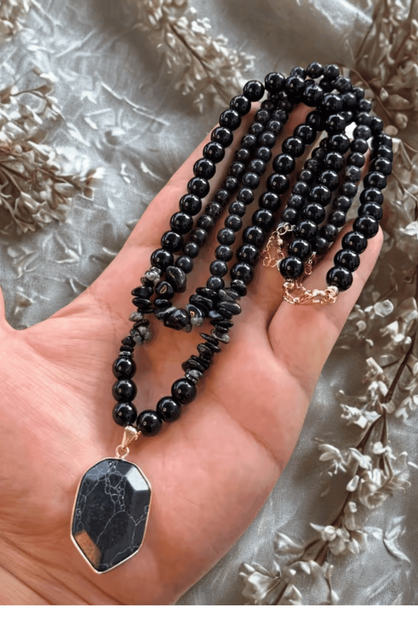 Ensemble Double Collier en Obsidienne Noire