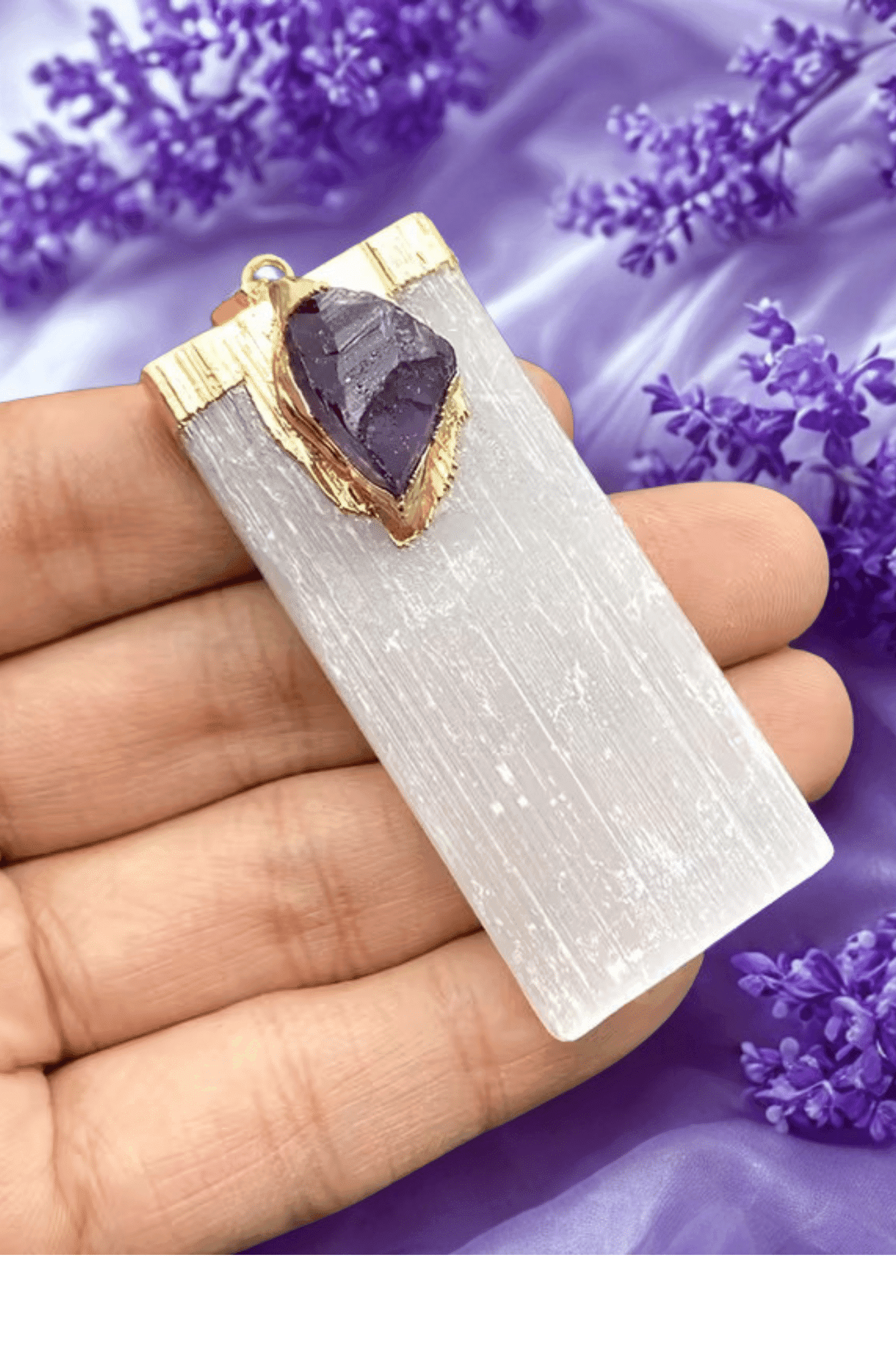 Pendentif Sélénite Naturelle & Améthyste Brute