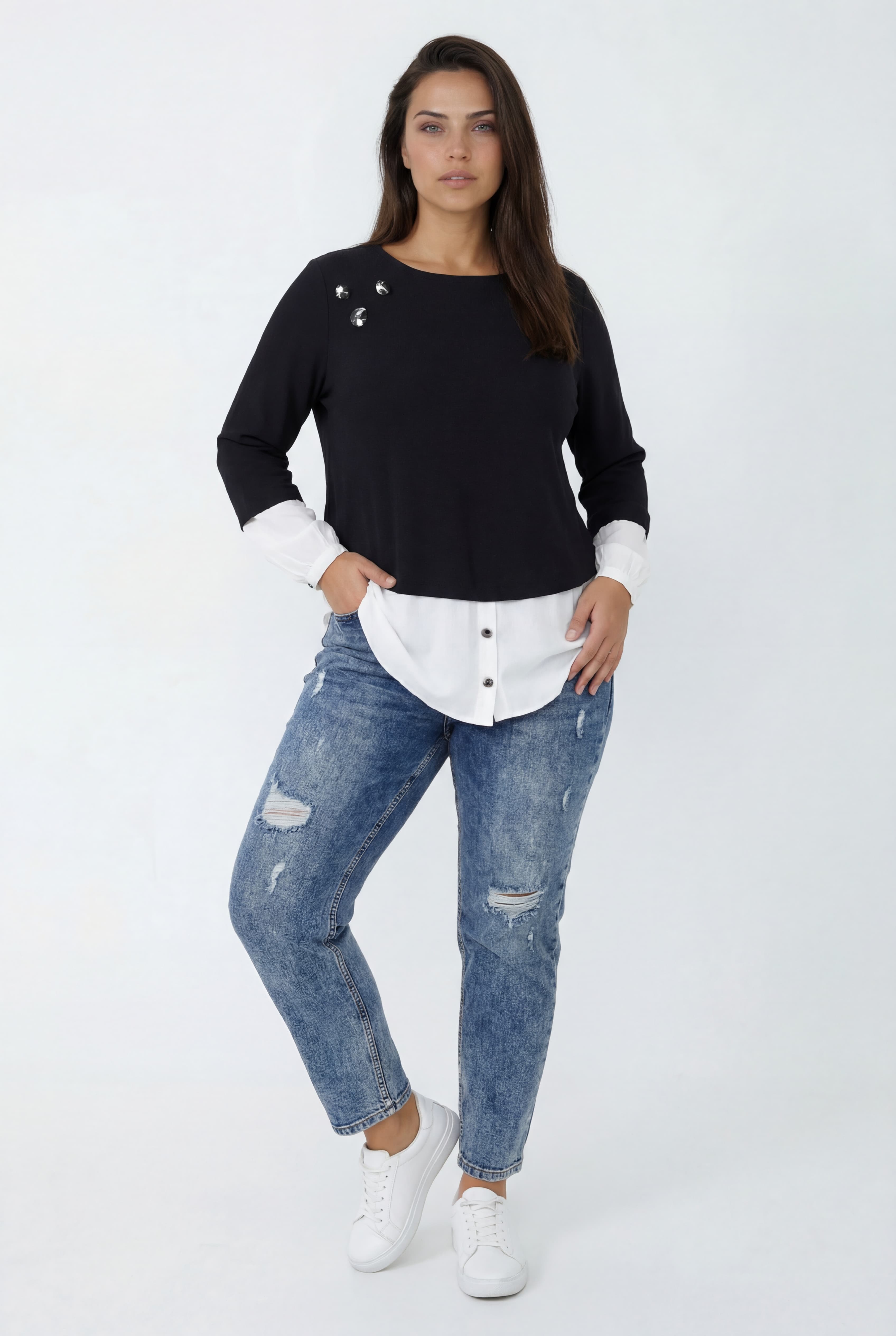 Pull en maille fine avec crepe uni