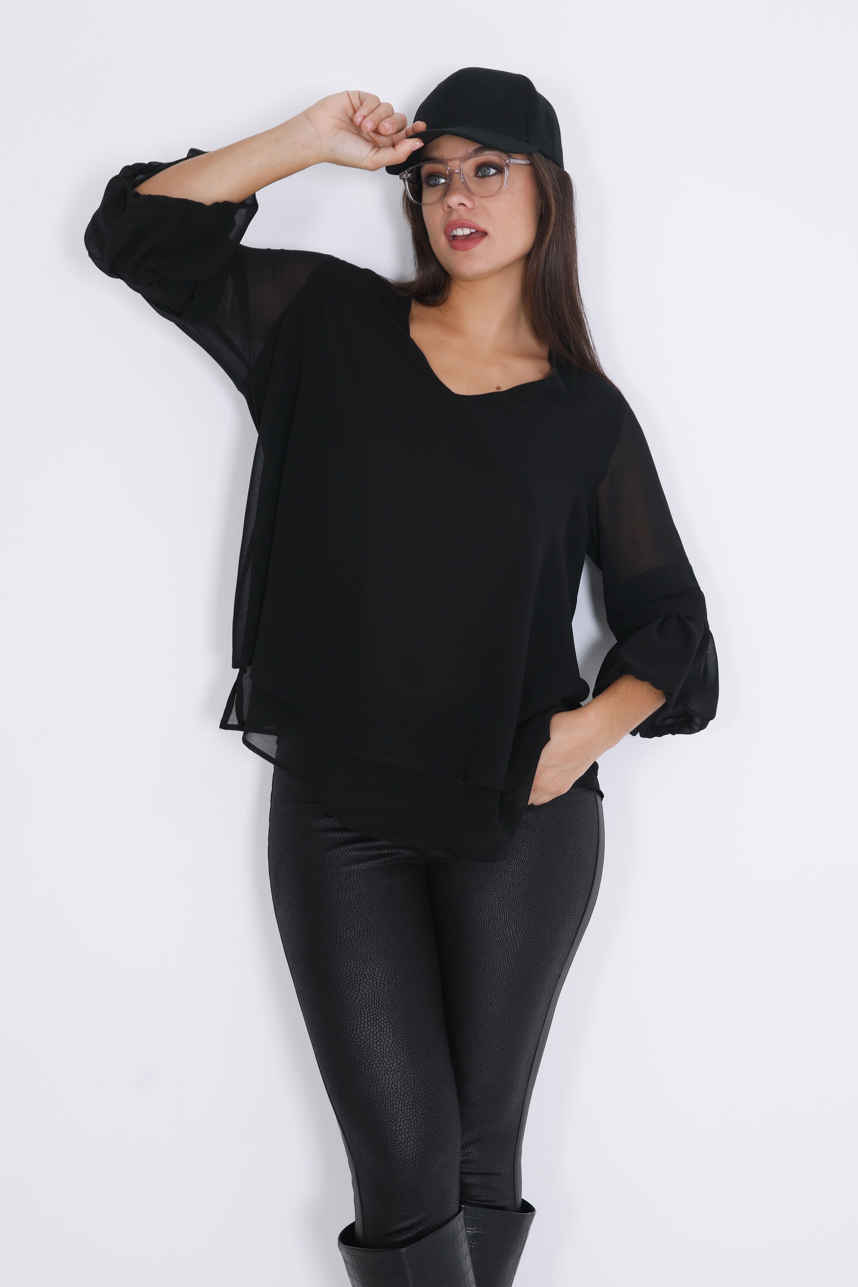 Blouse trapeze superposee en voile unie