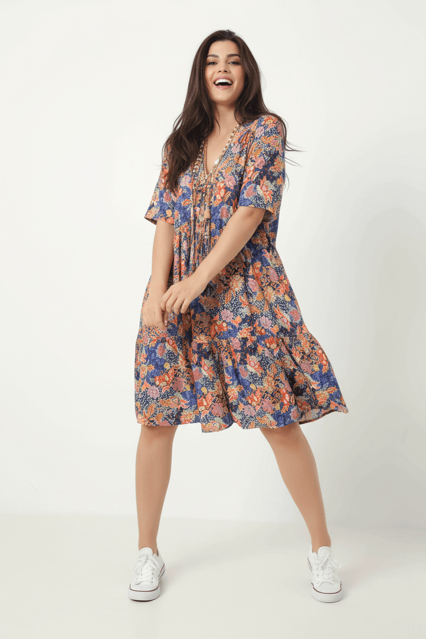Robe mi-longue en fibranne imprimee matiere eco-responsable