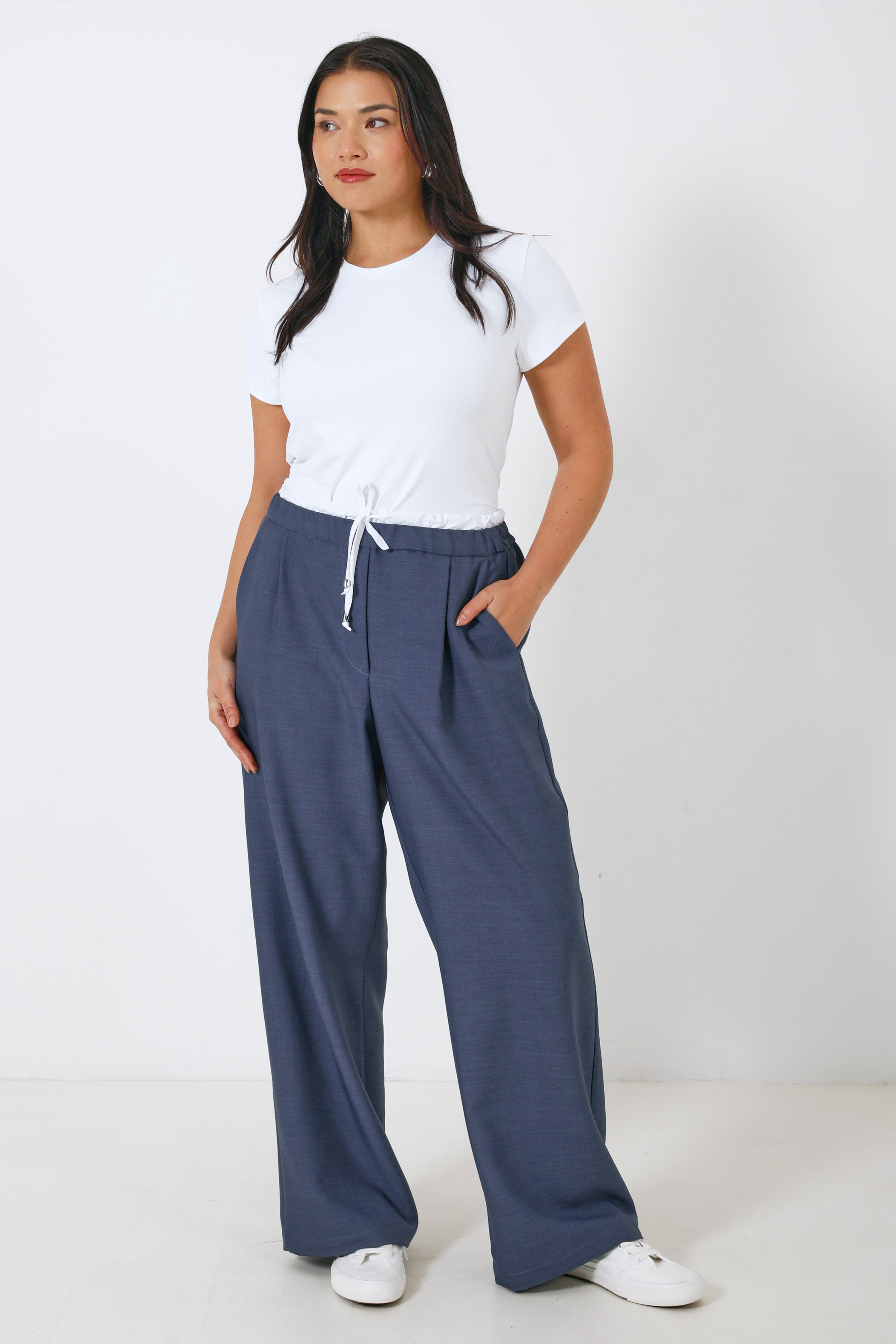 Pantalon large à double taille en bimatière 