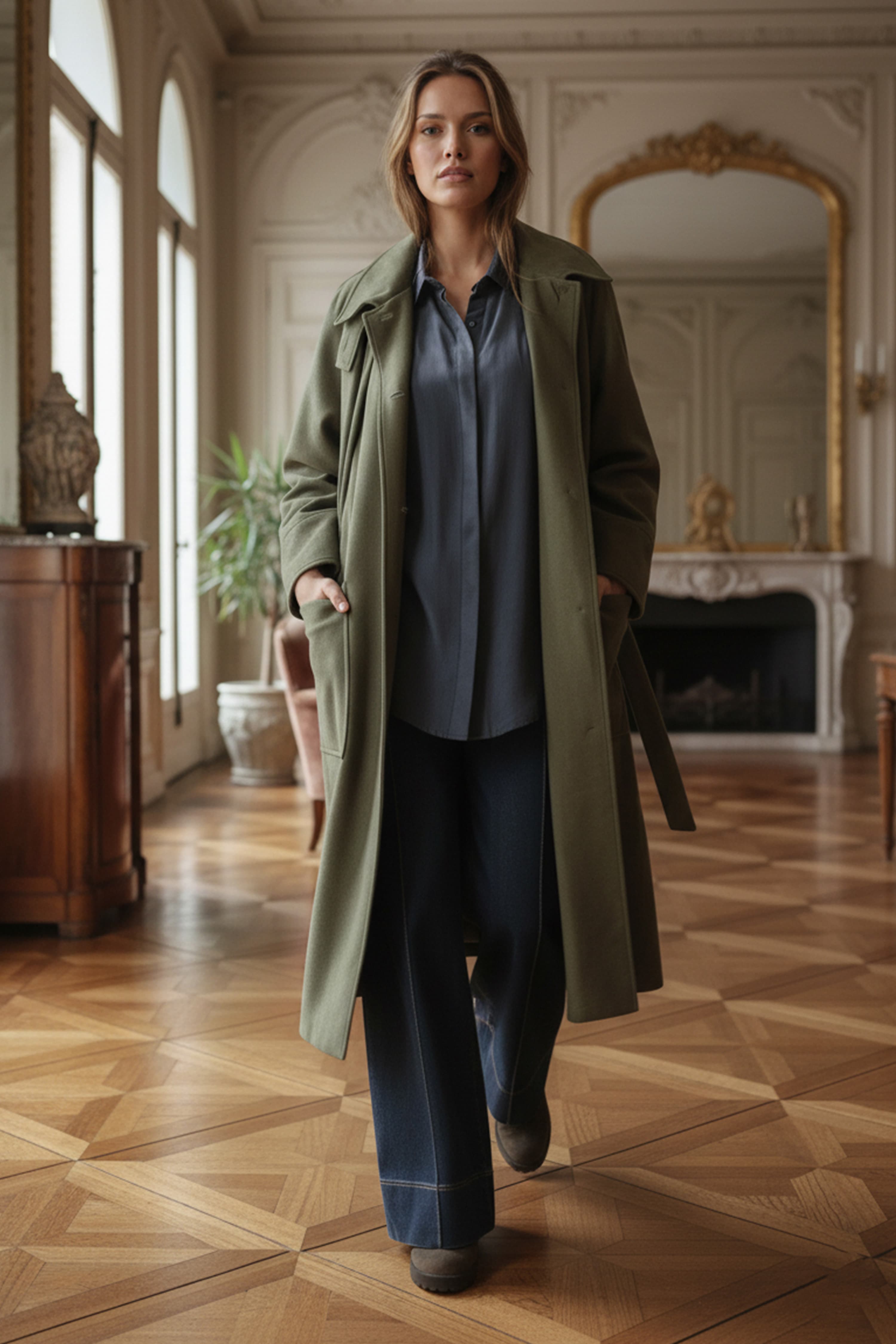 Manteau long en suedine  avec echarpe amovible