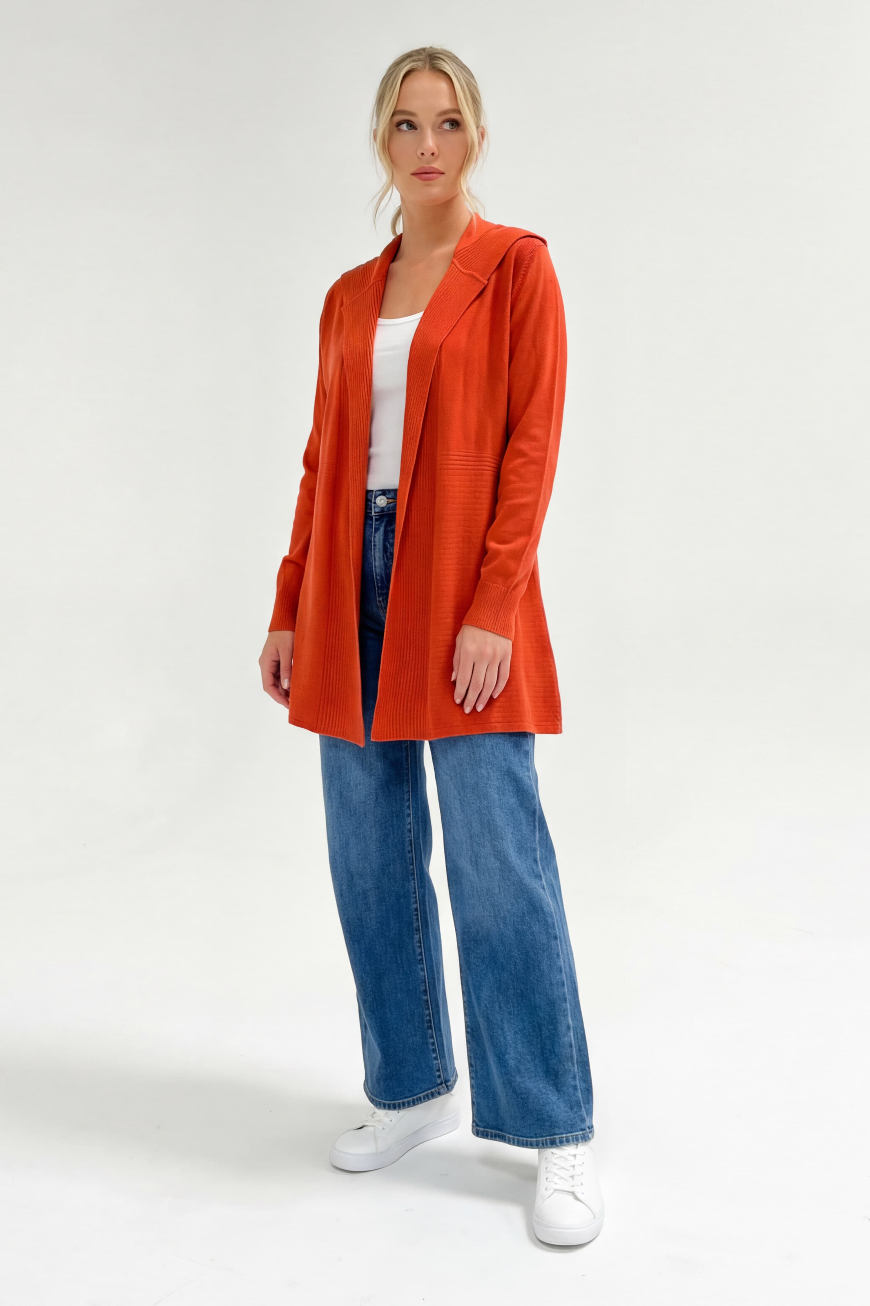 Gilet long a capuche en maille fluide