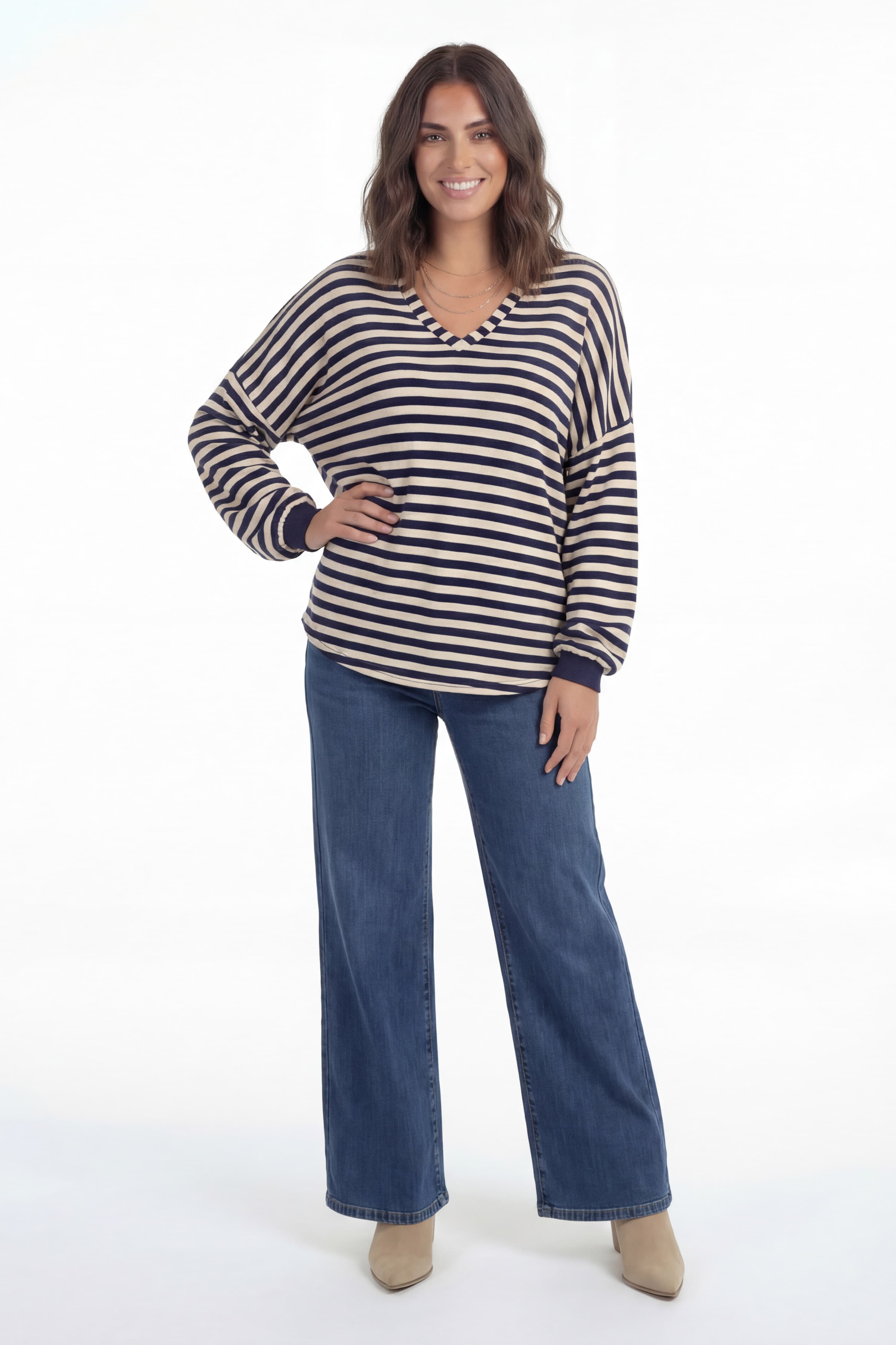 Pull mariniere col V femme Marine ecru