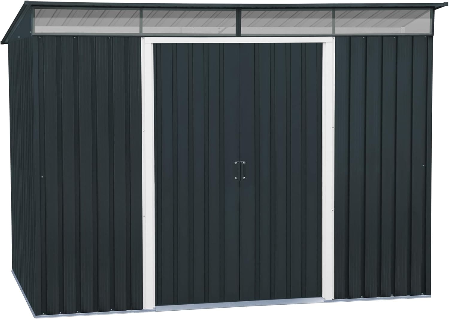 Abri de jardin métal 4,37 m² acier galvanisé portes coulissantes ventilation toit renforcé - 8 x 6 Shed Pentroof , Anthracite