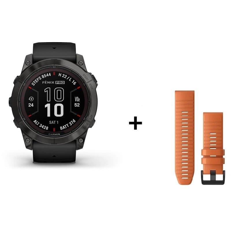 Montre Garmin Fenix 7X Pro Sapphire Solar Titane - Sapphire Solar Titane + bracelet silicone orange