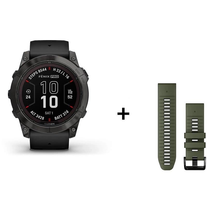 Montre Garmin Fenix 7X Pro Sapphire Solar Titane + bracelet silicone kaki - Sapphire Solar Titane + bracelet silicone kaki