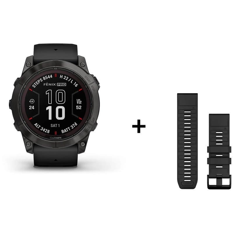 Montre Garmin Fenix 7X Pro Sapphire Solar Titane + bracelet silicone kaki - Sapphire Solar Titane + bracelet silicone noir