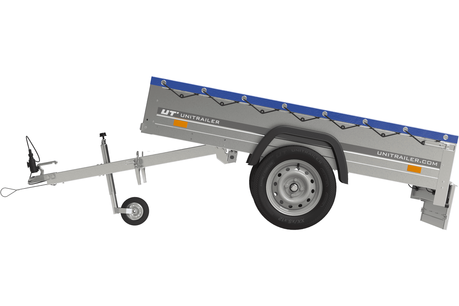 Garden Trailer 200 Kipp Einachsanhänger mit Stützrad und blauer Flachplane