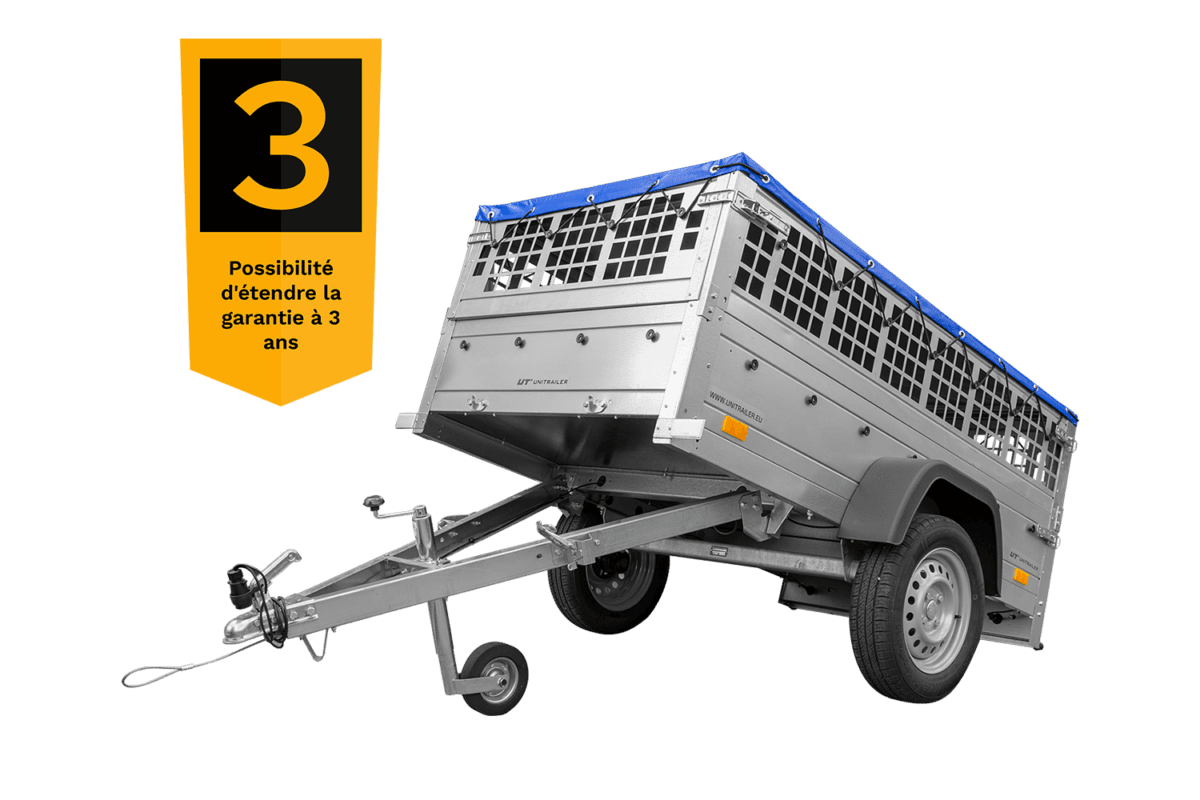 200×106 Gitteranhänger mit blauer Flachplane, Gitterwänden und Stützrad – Garden Trailer 200 KIPP